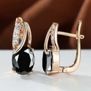 18k Gold Plated Water Drop Black Diamond Earrings